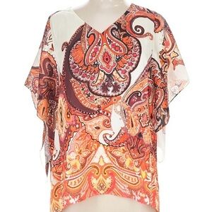 NWT Chico's Vibrant Paisley Blouse - Red, Orange, Cream V-Neck and Flare Sleeves
